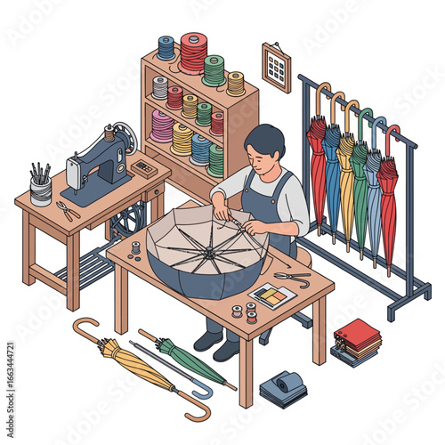 An umbrella maker repairing and crafting a new umbrella in a workshop with a sewing machine and colorful finished products on a rack