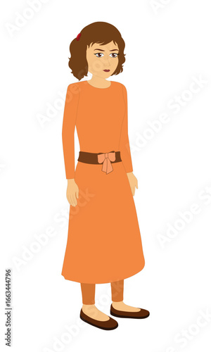 Elegant 2D vector illustration of a cheerful little girl wearing orange dress, smiling warmly and posing gracefully in a studio setting