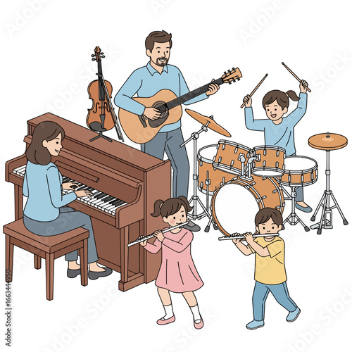 A family playing musical instruments together, including a father with a guitar, a mother with a piano, and their kids with a drum and flutes