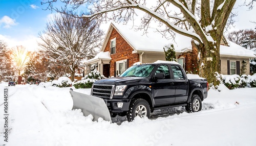 A dark pickup truck with a snow plow clears a snowy residential street at sunrise.