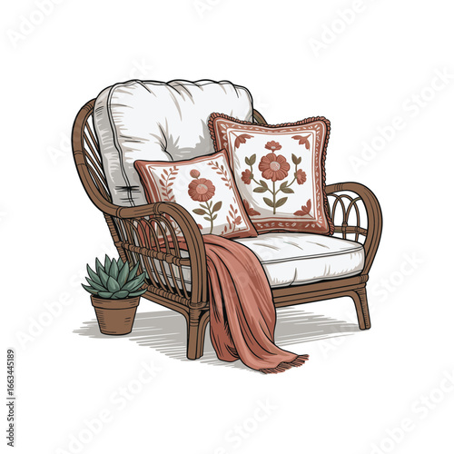 Cozy wicker armchair with floral cushions and throw blanket inviting relaxation white background