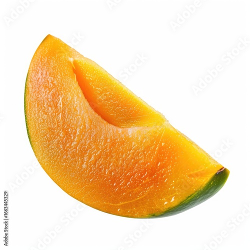 Close-up of a triangular mango slice against a white background.  The slice displays a vibrant orange-yellow interior with a visible, slightly textured surface