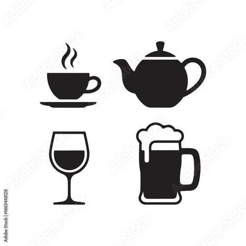 Four black icons representing beverages hot tea wine and beer drinks for hospitality and refreshment silhouette