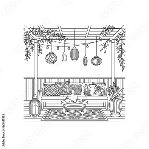 Cozy porch swing decorated with hanging orbs and lush greenery for a relaxing outdoor ambiance white background