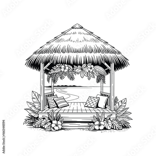 Tropical gazebo with thatch roof and cushions offers a serene outdoor retreat amidst lush foliage white background