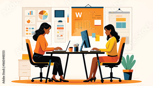 Two professional women collaborating effectively in a modern office environment, engaged in teamwork and digital work tasks focused on business growth and innovation