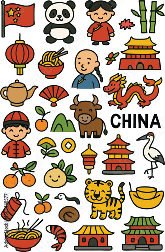 China Cartoon Icon Set – 25 Cheerful Doodle Style Symbols of Culture, Clothing, Animals, and Traditions