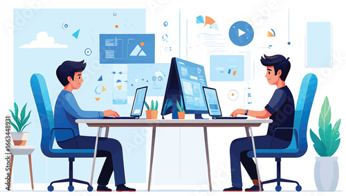Two businessmen or developers collaborating at a desk, working on laptops and analyzing data charts in a modern office. Vector illustration concept
