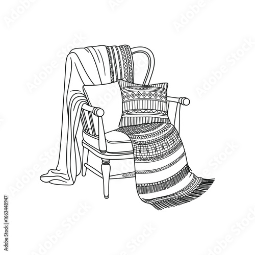 Cozy armchair draped with textured blankets and cushions in simple line art style white background