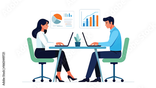 Vector illustration of two colleagues sitting at a desk with laptops, analyzing financial statistics and data charts for business strategy