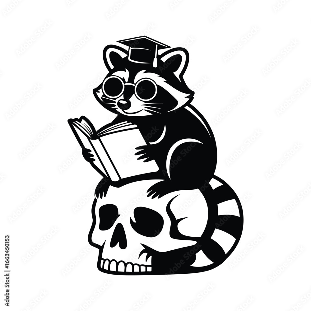 Fototapeta premium Raccoon wearing graduation cap and glasses reading a book on a skull vector illustration