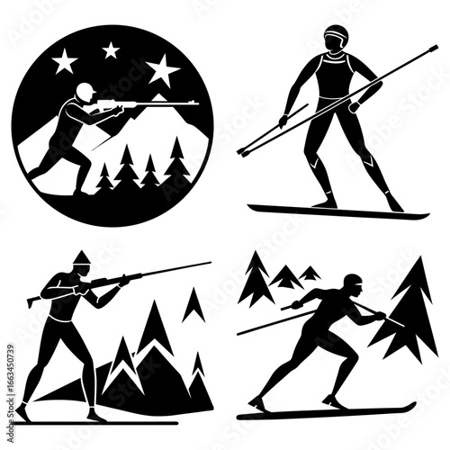 Four black and white biathlon silhouette images featuring skiers with rifles and mountain landscapes