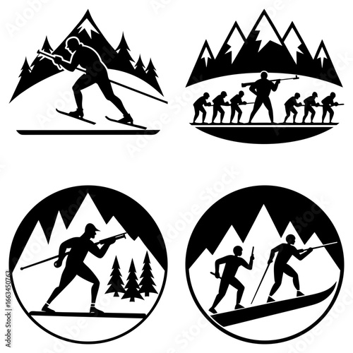Four black and white images depicting biathletes in various mountain and forest landscapes in silhouette