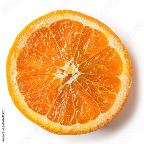 A close-up, top-down view of a perfectly round orange slice.  The vibrant orange flesh is clearly visible, displaying the segmented interior, and a pithy center
