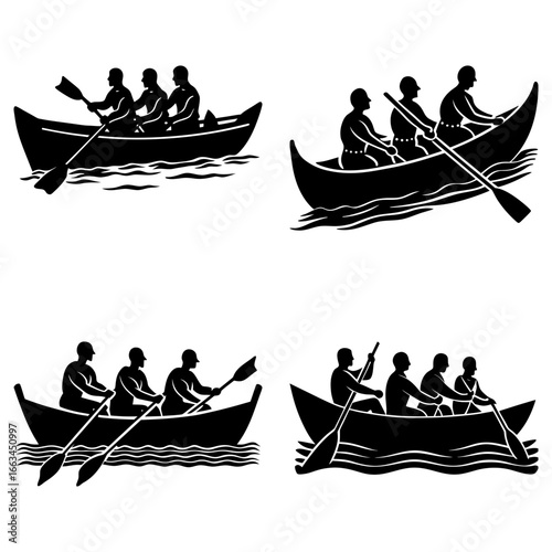Silhouettes of people rowing boats on water in a black and white graphic vector illustration style image