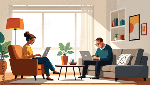 A professional human resources manager reviewing a candidate's digital profile during a job interview in an office. Vector illustration concept for business recruitment and hiring