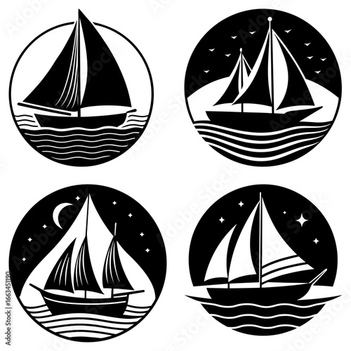 Four sailing boat icons in circles showing different times of day in black and white vector graphics