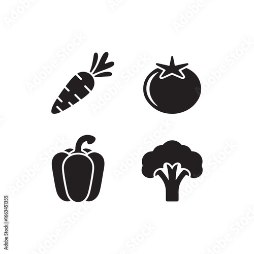 Healthy eating icons set carrot tomato bell pepper broccoli simple silhouette healthy food silhouette