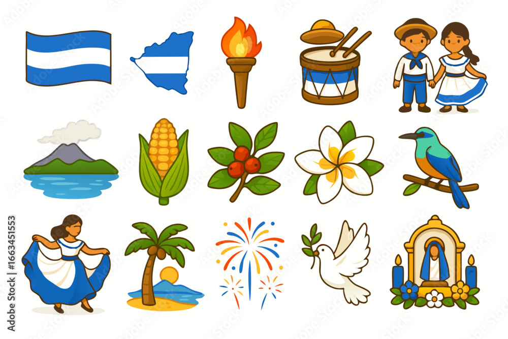Obraz premium Flat Vector Icons for Nicaragua Independence Day Featuring National Symbols Like Flag, Torch, Traditional Costumes, Volcano With Lake, Coffee Branch, Sacuanjoche Flower, Guardabarranco Bird