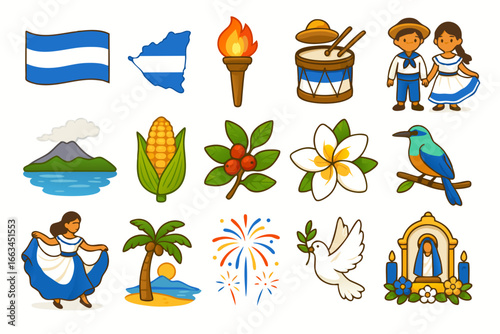 Flat Vector Icons for Nicaragua Independence Day Featuring National Symbols Like Flag, Torch, Traditional Costumes, Volcano With Lake, Coffee Branch, Sacuanjoche Flower, Guardabarranco Bird