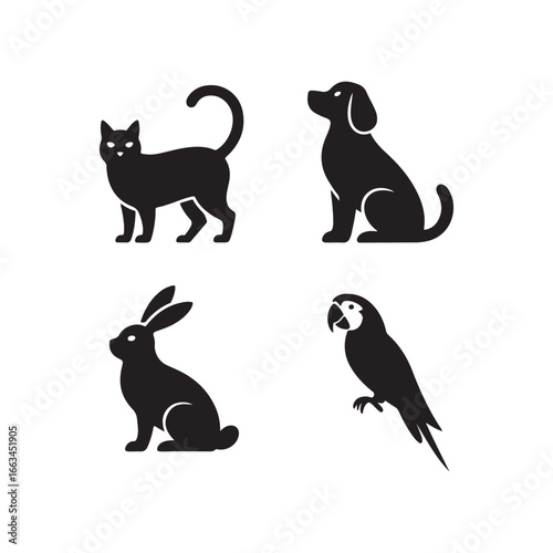 Silhouettes of a playful cat dog rabbit and parrot against a white canvas silhouette