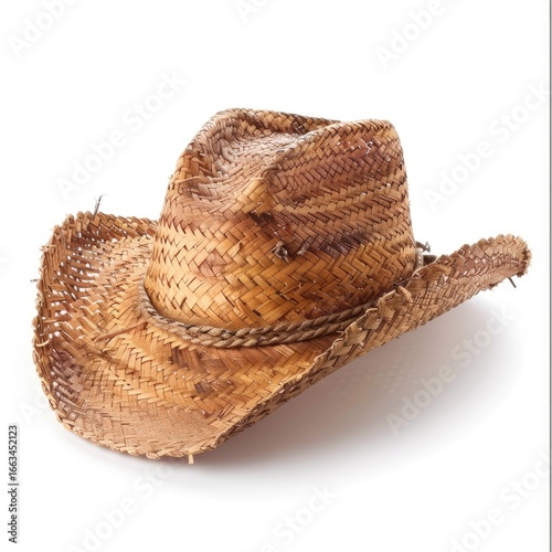 A weathered straw cowboy hat sits angled on a white background.  The hat's light brown, woven straw shows signs of wear and age, with a slightly frayed and uneven texture