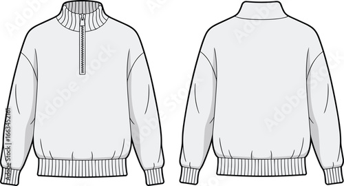 CAD drawing flat vector illustration of half-zip sweater, front and back views, ribbed cuffs and hem, technical sketch, garment layout, knitwear design, fashion template