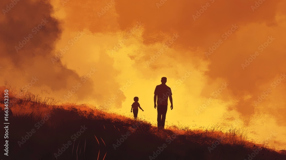 Fototapeta premium Silhouette of a Parent and Child Walking at Sunset in Nature Scene