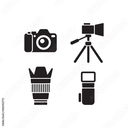 Collection of photography equipment icons including dslr camera lens tripod and flash silhouette