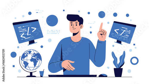 Man Coding with Computers and Globe