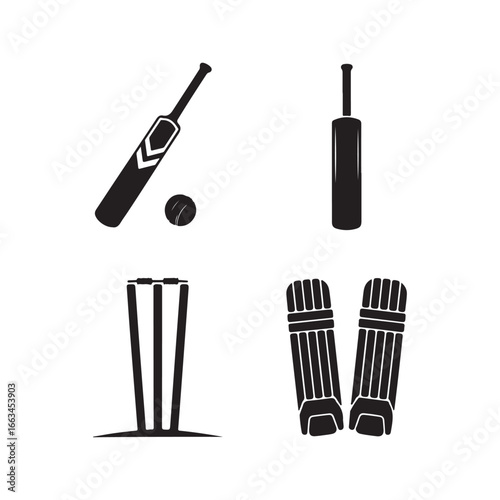 Cricket sports equipment icons set bat ball stumps wicket keeping pads for game play silhouette