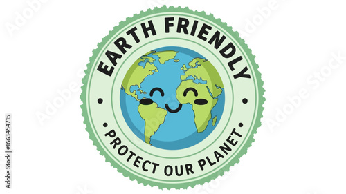 Vector badge design with a happy smiling planet Earth character. Green circular emblem promoting eco friendly concepts and environmental protection