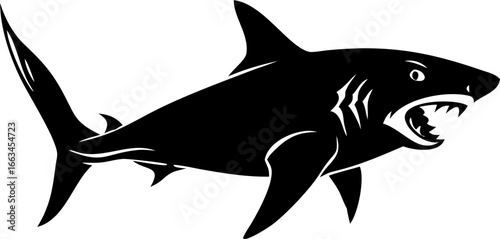 Black shark icon, shark silhouette, aggressive shark, monochrome illustration, animal graphic isolated on Transparent Background