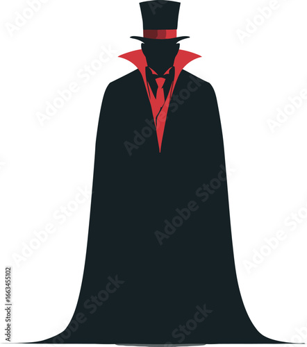 Illustration of a mysterious figure wearing a top hat cape and red tie against a white background