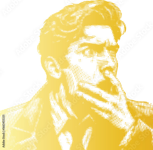 Golden halftone digital art, a man looking shocked. Vector design for stunning visuals. Add intrigue to your projects.