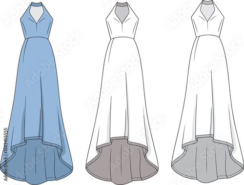 CAD drawing flat vector illustration of high-low dresses, sleeveless design, front and back views, V-neckline, elegant eveningwear layout, stylish fashion sketch, clothing design template