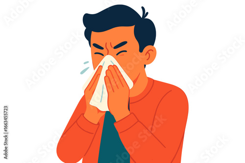 Young man sneezing while covering his face with a tissue  man sneezing into tissue