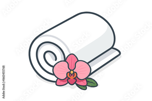 White rolled towel with pink orchid flower decoration white towel and orchid
