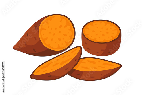 Sweet potatoes sliced in various shapes on a white background roasted sweet potatoes