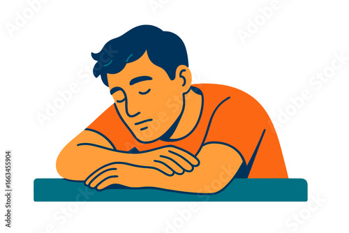 Young man resting with head on arms, feeling tired or stressed man resting head on table