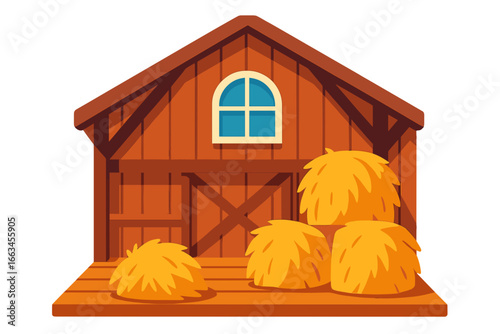 Barn with hay bales in rural setting and wooden structure barn loft with hay