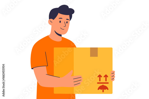 Young man holding a delivery box with caution symbols in hand man holding moving box