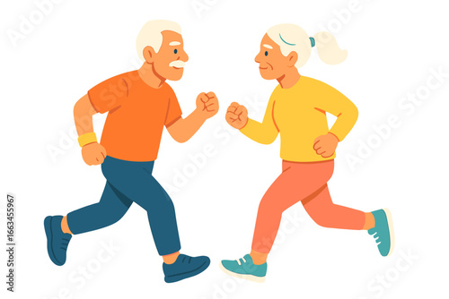 Elderly couple running together and smiling in colorful sportswear seniors jogging in park