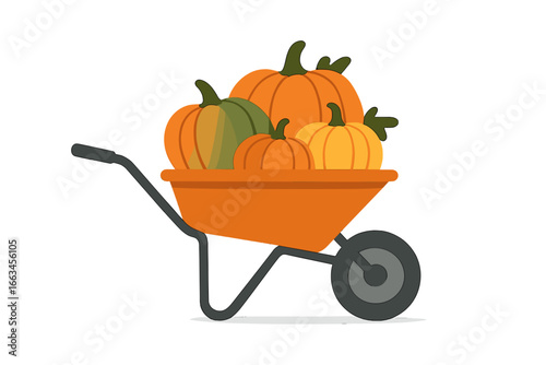 Wheelbarrow filled with pumpkins in orange and green colors wheelbarrow with pumpkins
