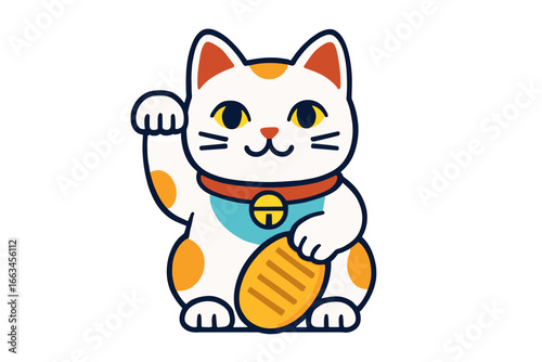 Cartoon cat raising paw with bell collar and fish on white background lucky cat figurine
