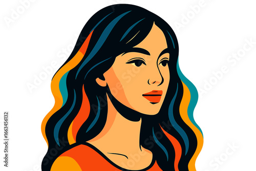 Young woman with long wavy hair in vibrant colors and calm expression woman with glossy black hair