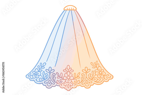 Wedding dress illustration with floral lace details in gradient colors lace wedding veil