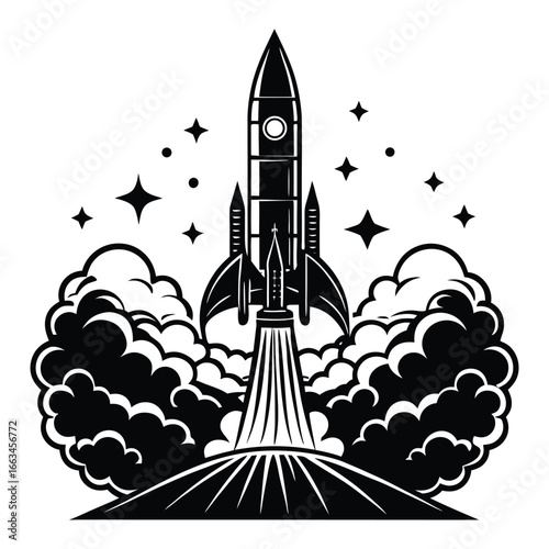 Print  Retro Rocket Ship Launching into Space a Vintage Science Fiction Black and White Illustration