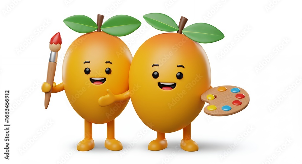 Fototapeta premium Cheerful cartoon mango characters holding art supplies