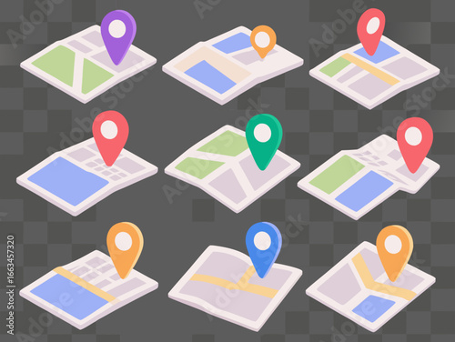 Colorful isometric map pins marking locations on folded maps illustration